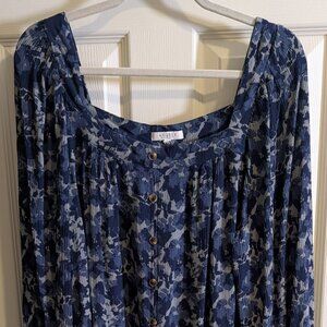Angels Womens Size 1X Peasant Style Long Sleeve Blouse Blue Floral